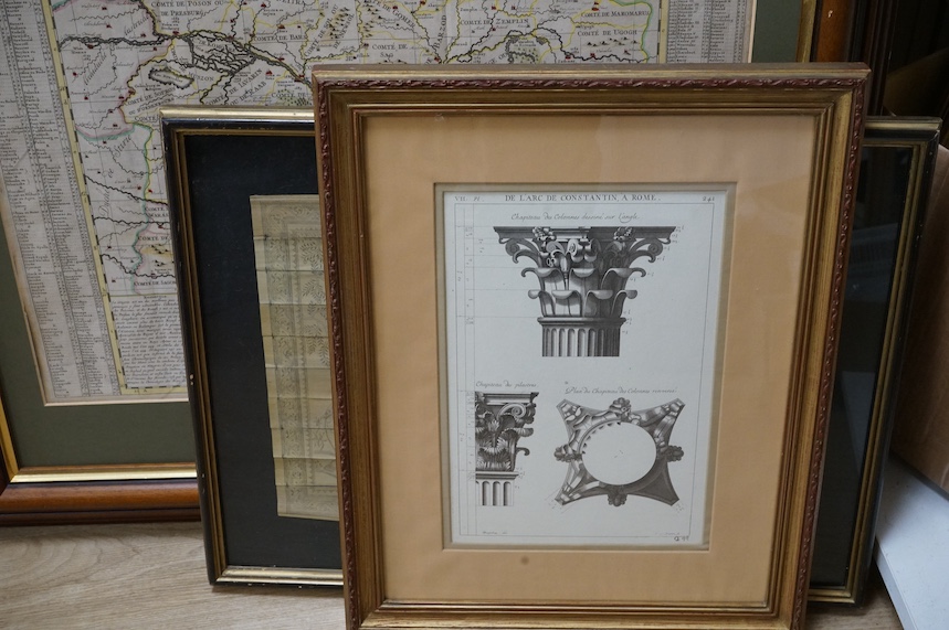 A collection of decorative prints to include: Balinese School, figures, a set of bontalical interest contour prints and a French architectural engraving, largest 52 x 48cm. Condition - fair